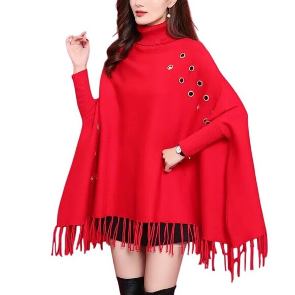 Rosstree Lane Red Turtleneck Poncho Fringe Hem & Metal Hole Details-OS - Picture 1 of 11